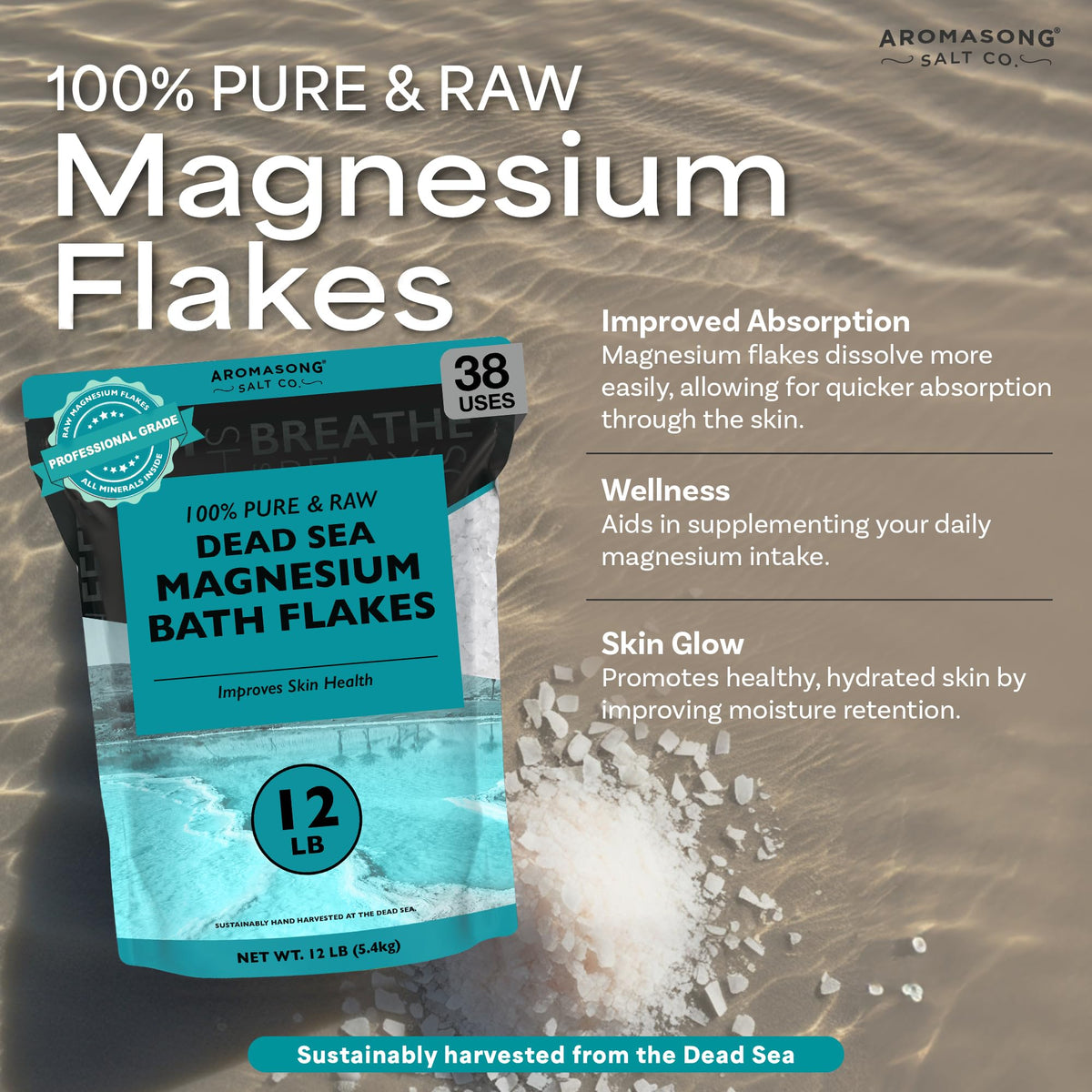 Aromasong flakes dissolving in bathtub water, illustrating clear, fast-mixing benefit