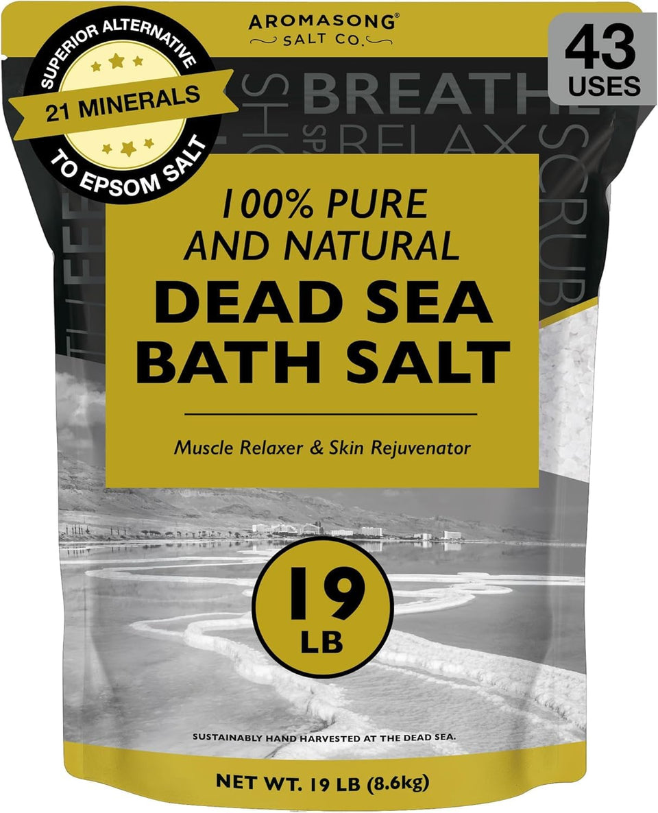 Aromasong front packaging showing 19 lb resealable spa salt for easy storage