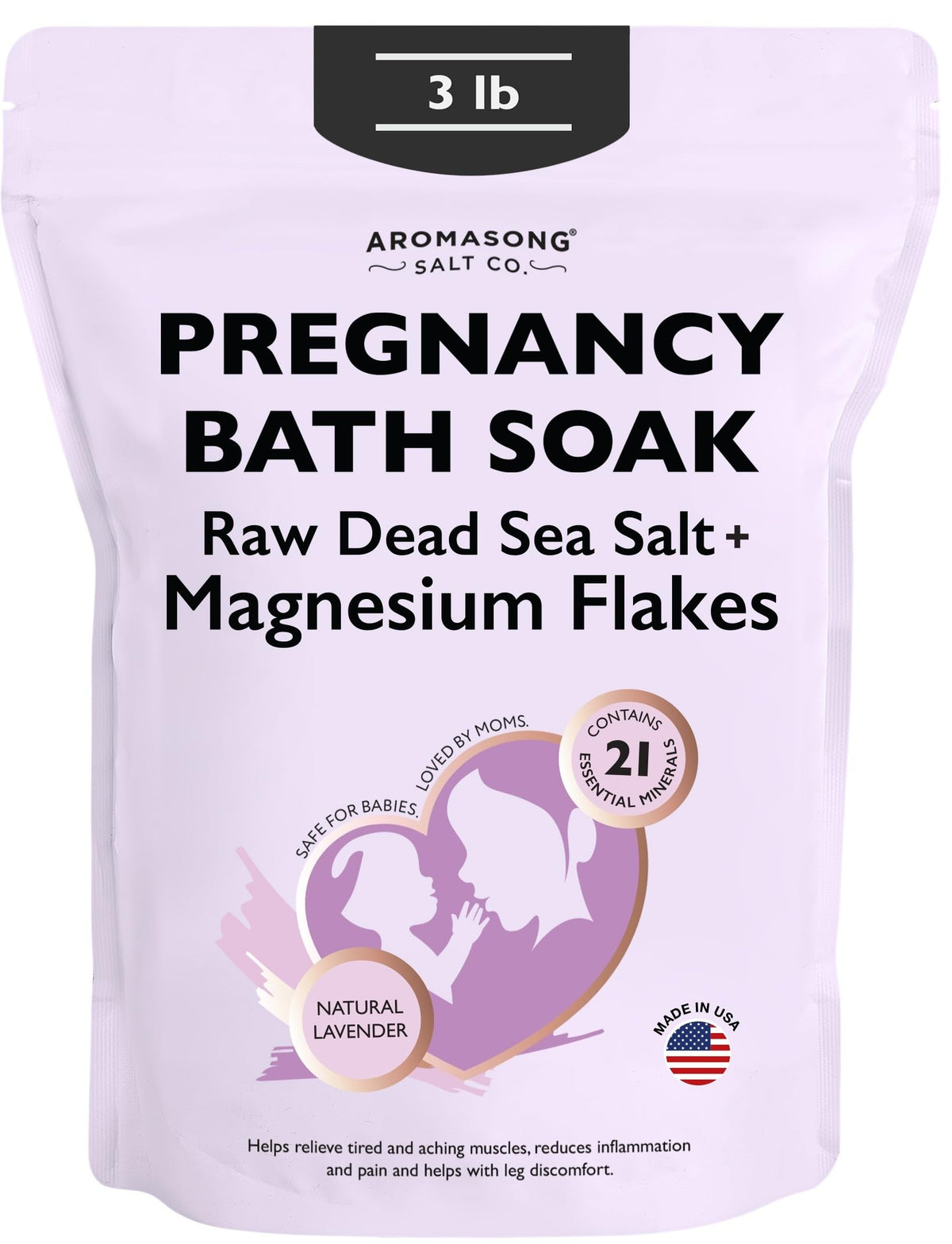 Aromasong front packaging showing 3 lb pregnancy bath soak benefits