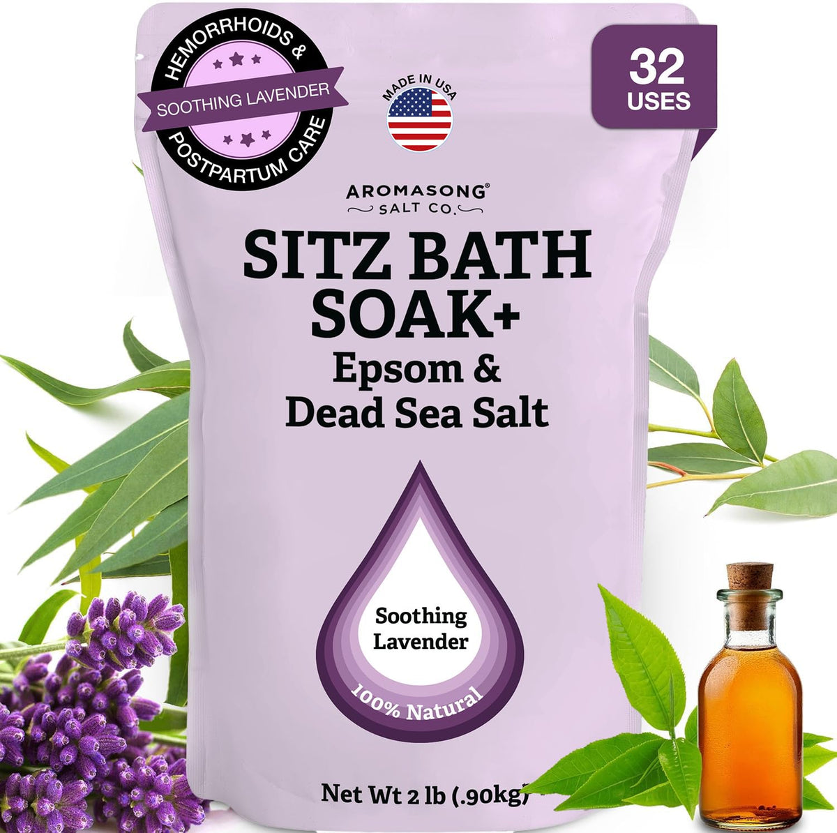 Aromasong front packaging showing 2 lb pouch and premium salts for soothing soaks