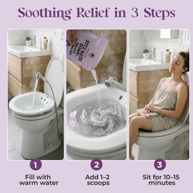 Aromasong being poured into a sitz basin demonstrating easy at-home use and mixing