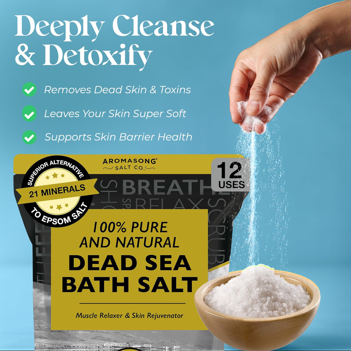 Aromasong close-up of fine-grain Dead Sea salt texture for fast dissolution