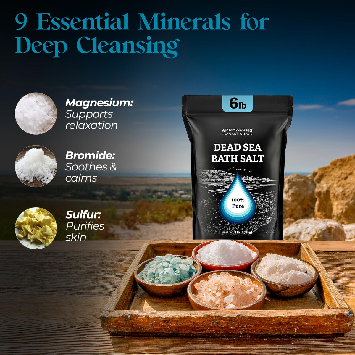 Aromasong salts in a bowl ready to dissolve for relaxing baths