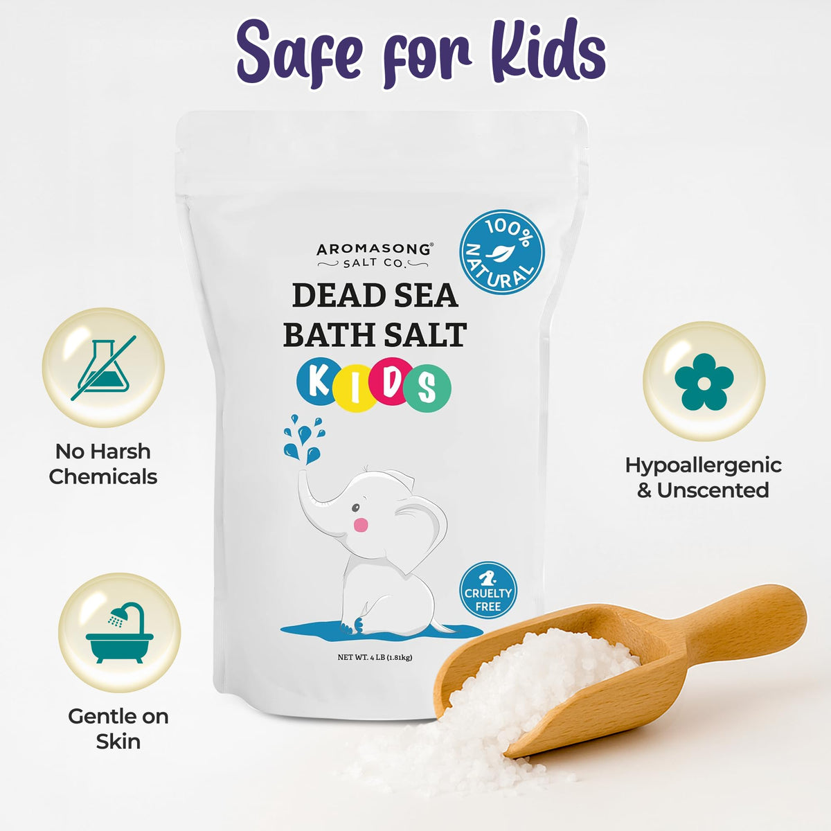 Aromasong measuring scoop demonstrating child-safe portion control for baths