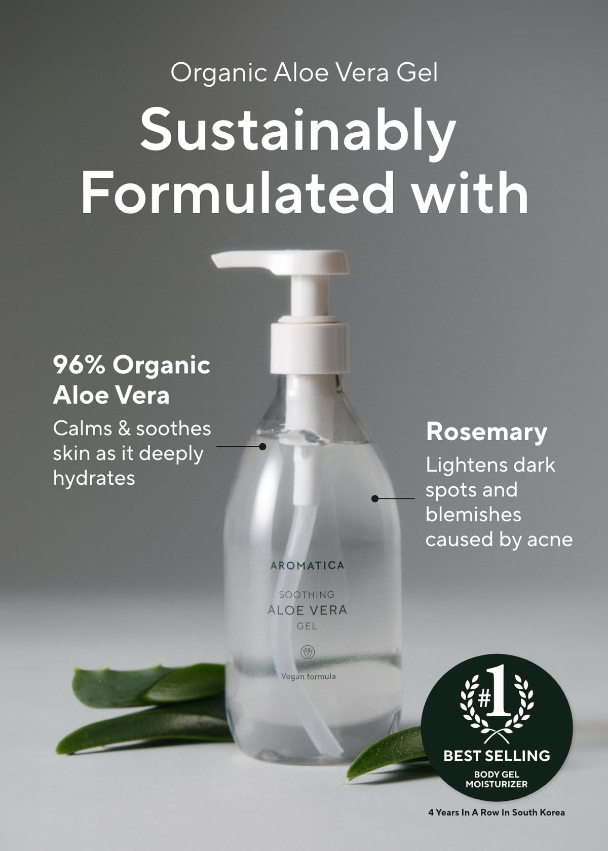 AROMATICA aloe gel being applied to forearm for soothing after-sun care benefit
