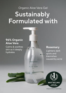 AROMATICA aloe gel being applied to forearm for soothing after-sun care benefit