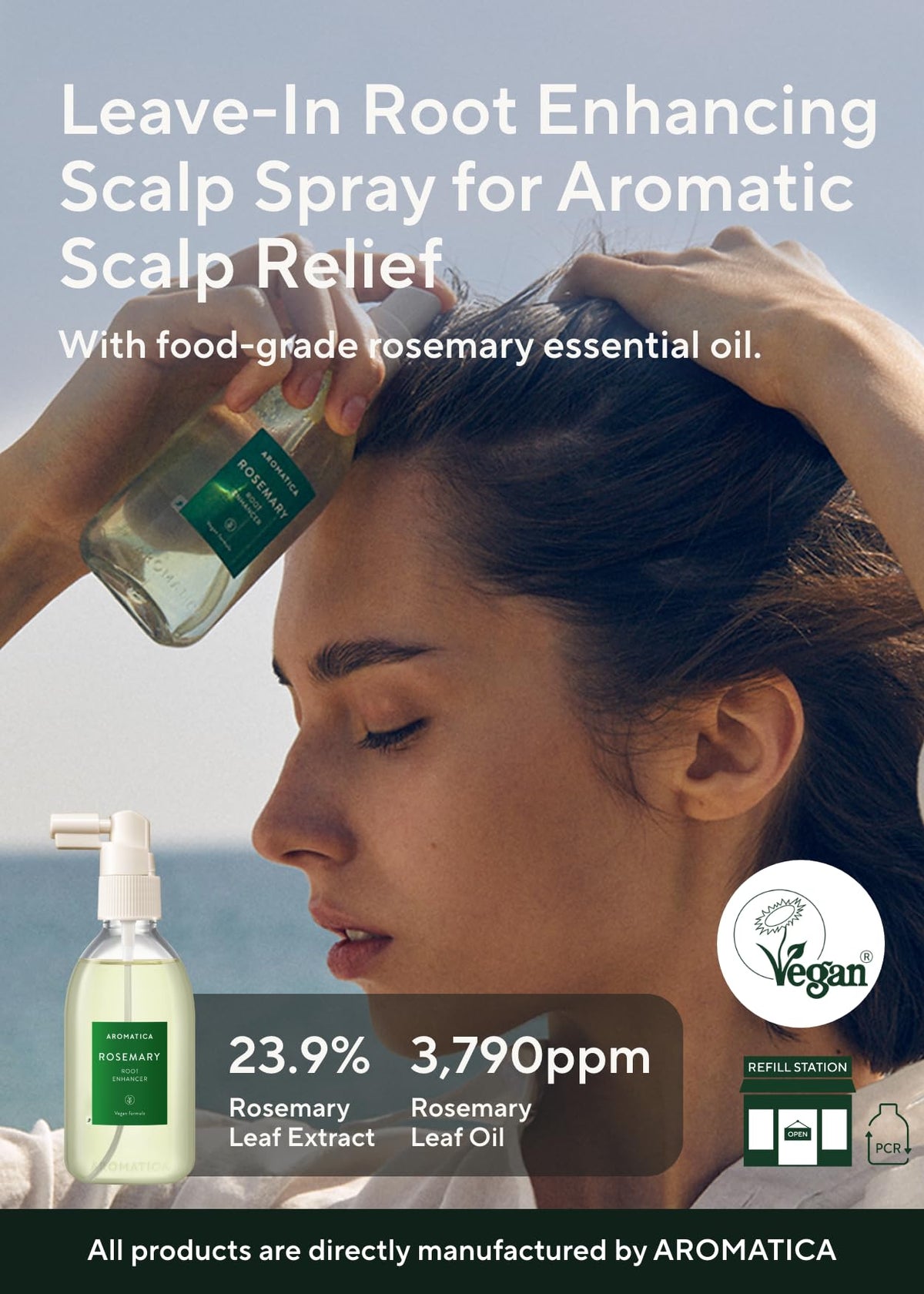 AROMATICA spray nozzle dispensing rosemary water for easy application