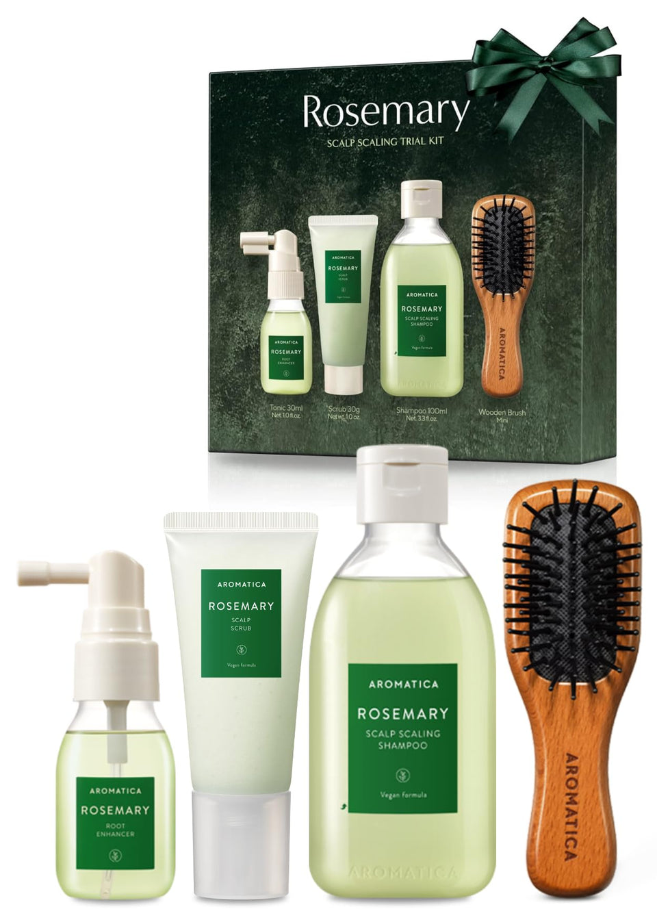 AROMATICA front packaging showing travel kit and benefit of easy scalp care