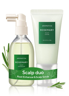 AROMATICA front packaging showing both rosemary spray and scalp scrub, clarifying benefit