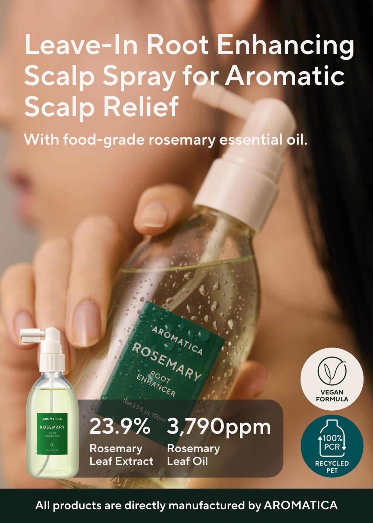 AROMATICA label close-up highlighting rosemary water and key ingredients