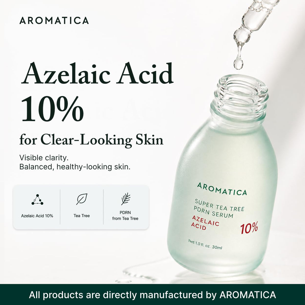 AROMATICA label close-up highlighting azelaic acid 10% concentration and benefits
