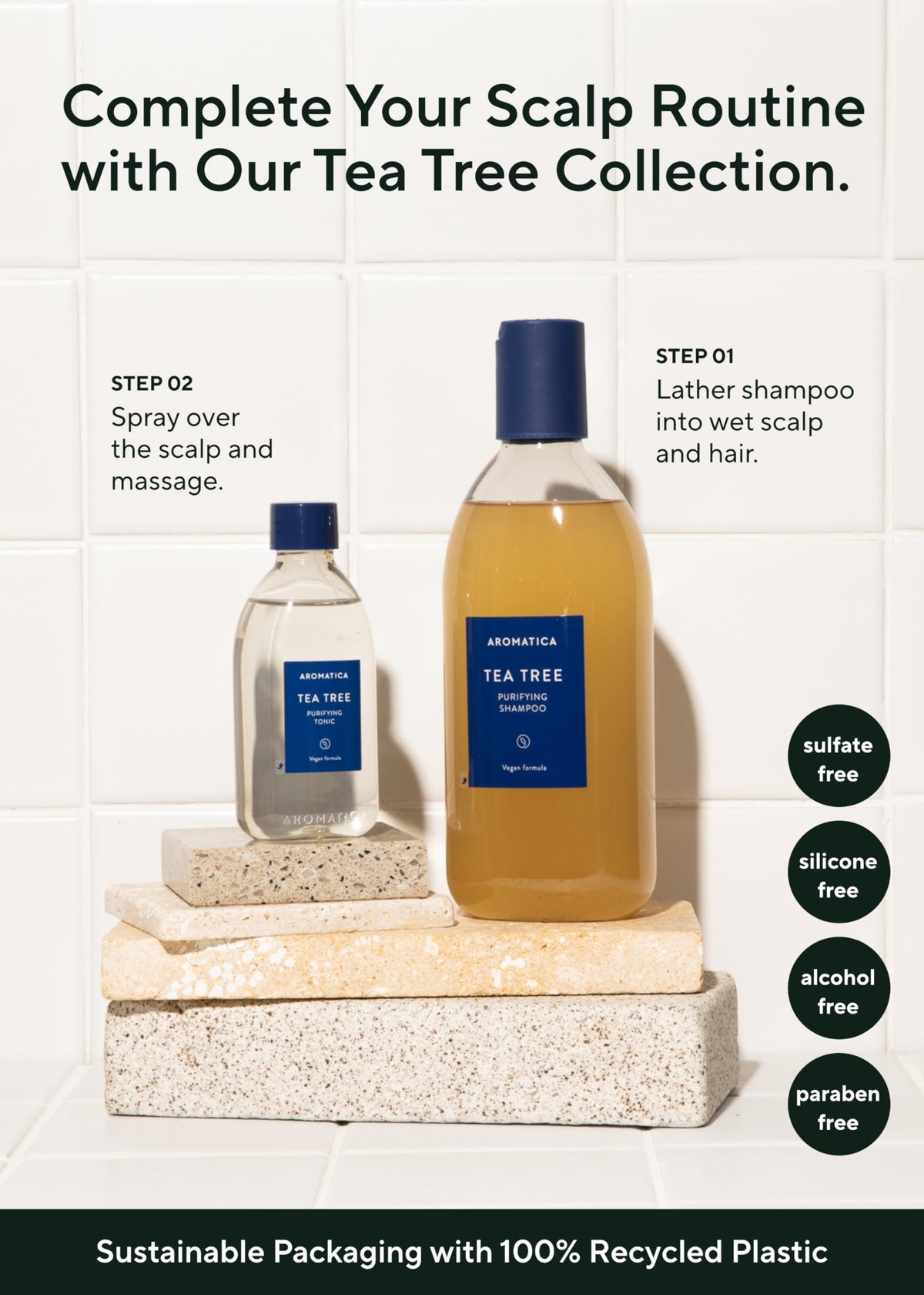 AROMATICA tea tree leaves and peppermint sprigs showing natural ingredient benefit