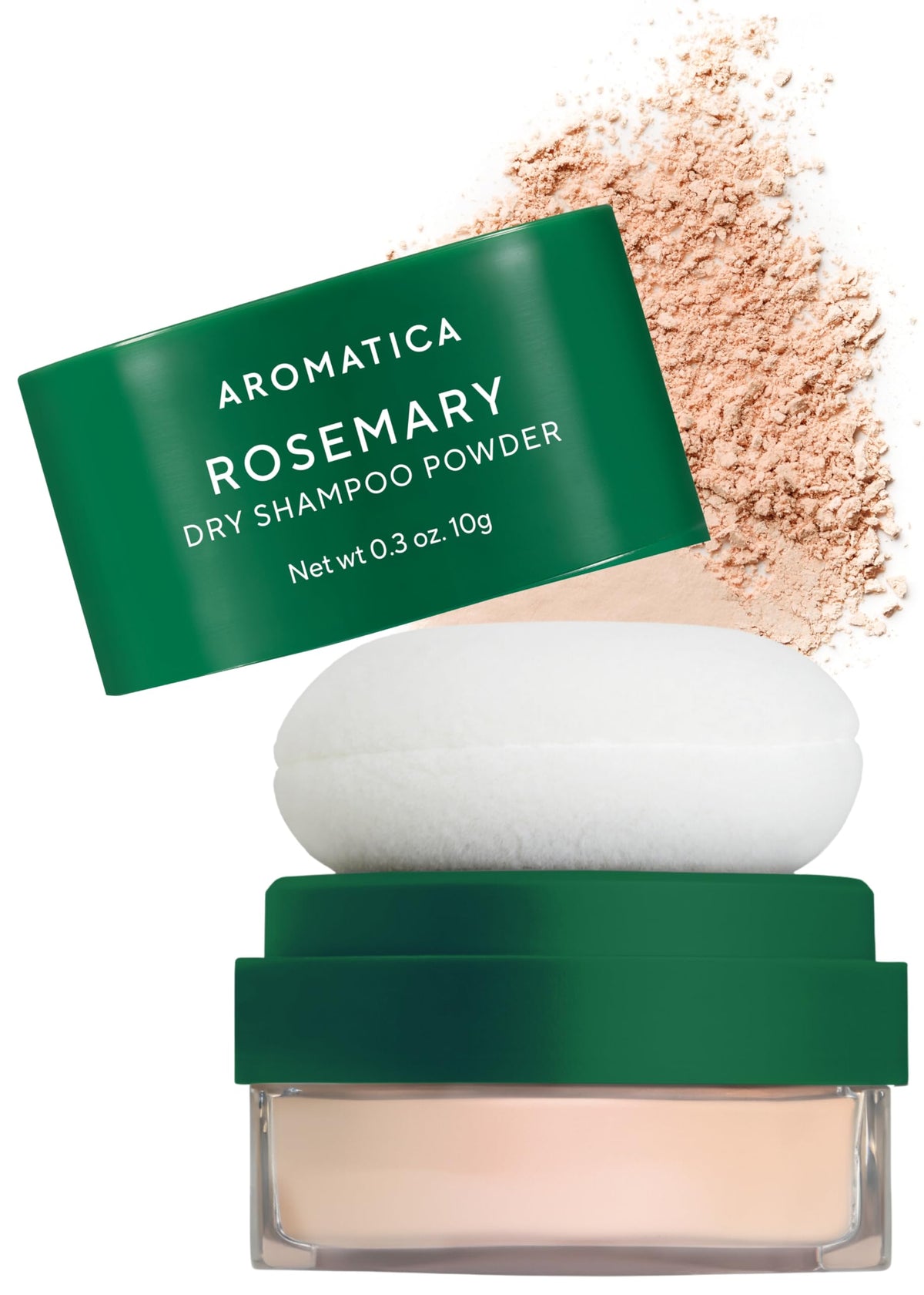 AROMATICA travel packaging showing compact dry shampoo, easy-to-carry refresh