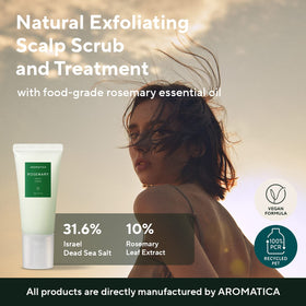 AROMATICA rosemary spray in use on roots demonstrating refresh and soothing benefit
