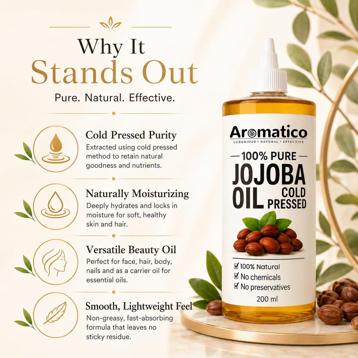 Aromatico jojoba oil on fingertips patting face for hydrated, non-greasy skin