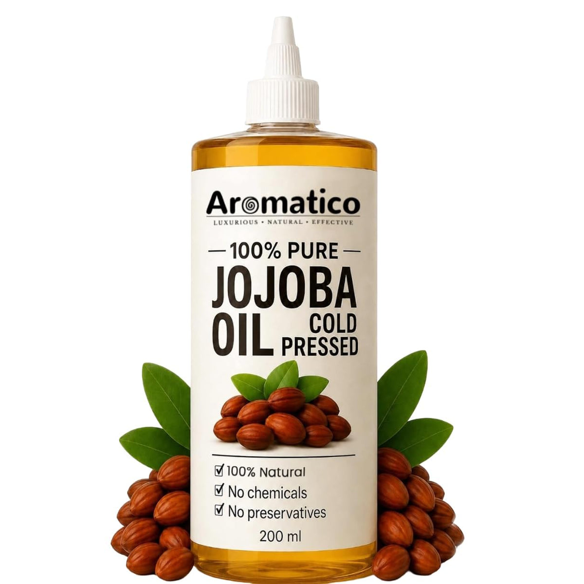 Aromatico front bottle clear jojoba oil showing label and 7 fl oz size benefit moisturizing