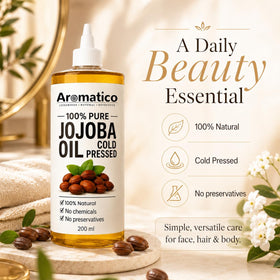 Aromatico jojoba oil on bathroom shelf in lifestyle scene suggesting daily grooming routine