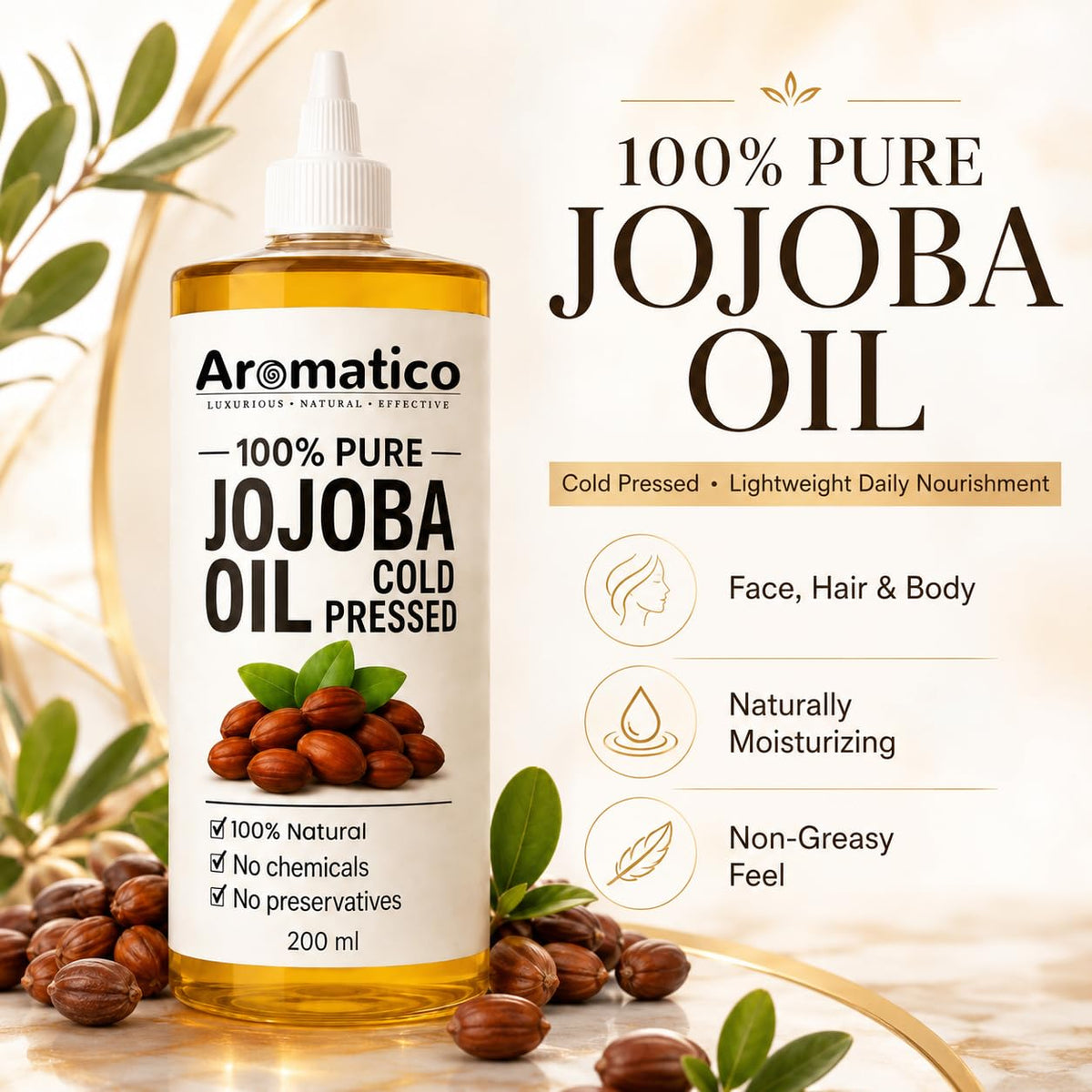 Aromatico jojoba oil pouring drops from bottle demonstrating easy dispensing and precise use