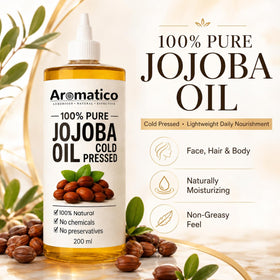Aromatico jojoba oil pouring drops from bottle demonstrating easy dispensing and precise use