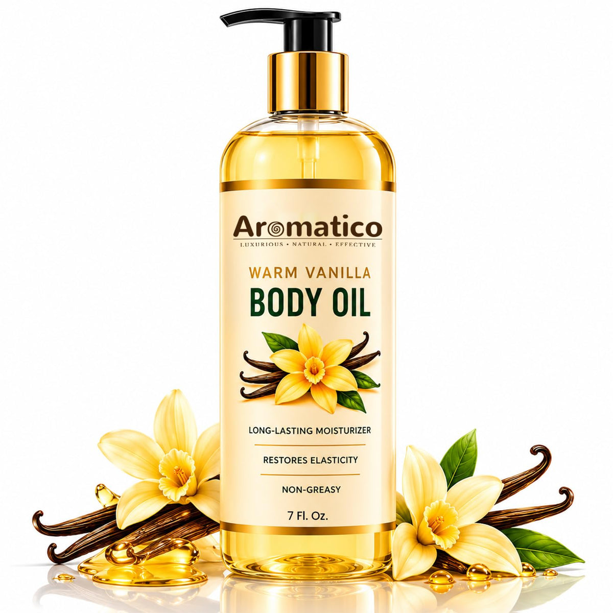 Aromatico front bottle showing warm vanilla scent and easy-pour benefit