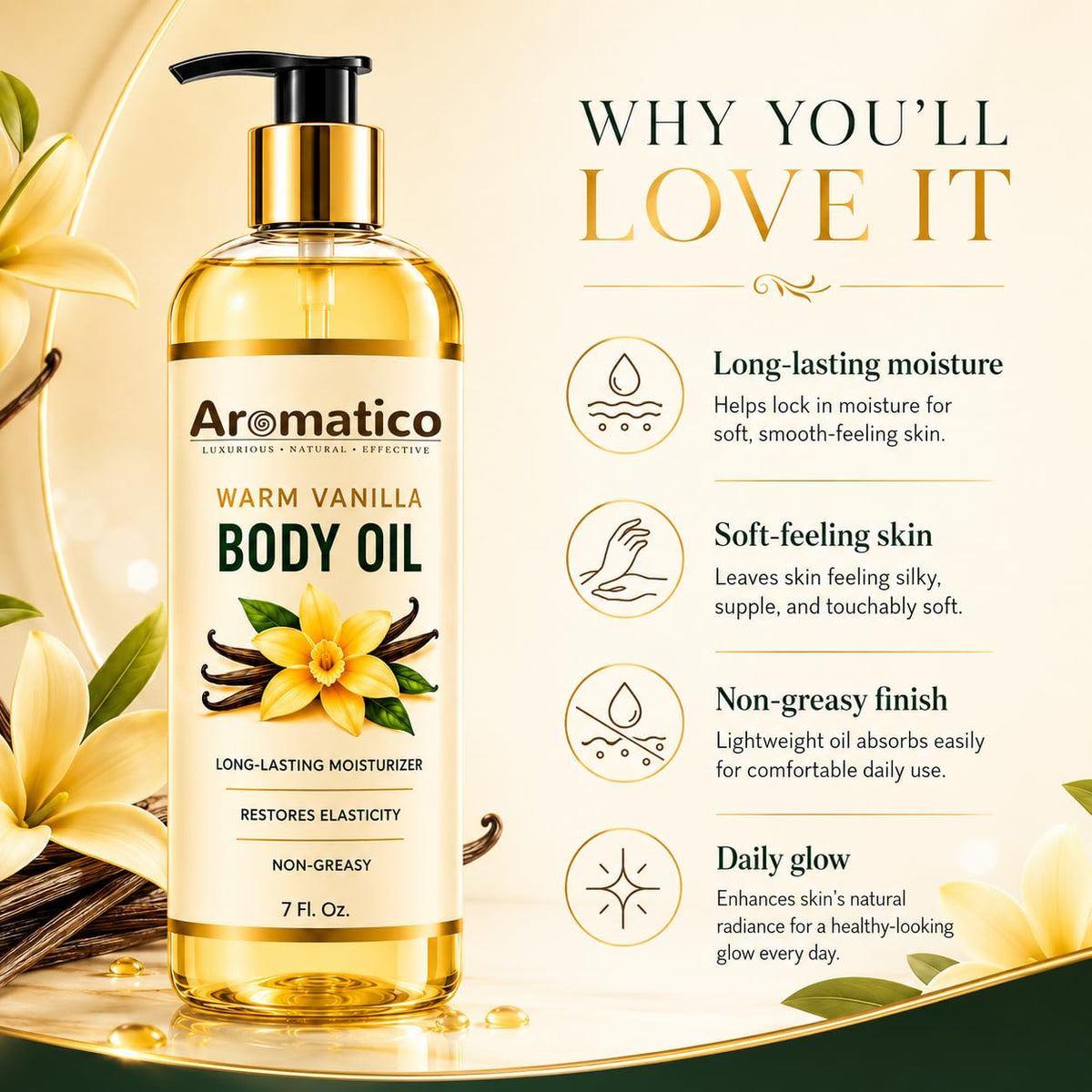 Aromatico oil texture drop illustrating lightweight absorption and sheen