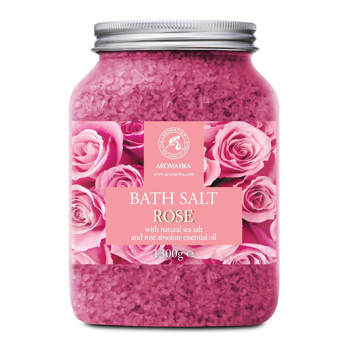 AROMATIKA jar front label showing rose bath salts and brand benefit of natural botanicals