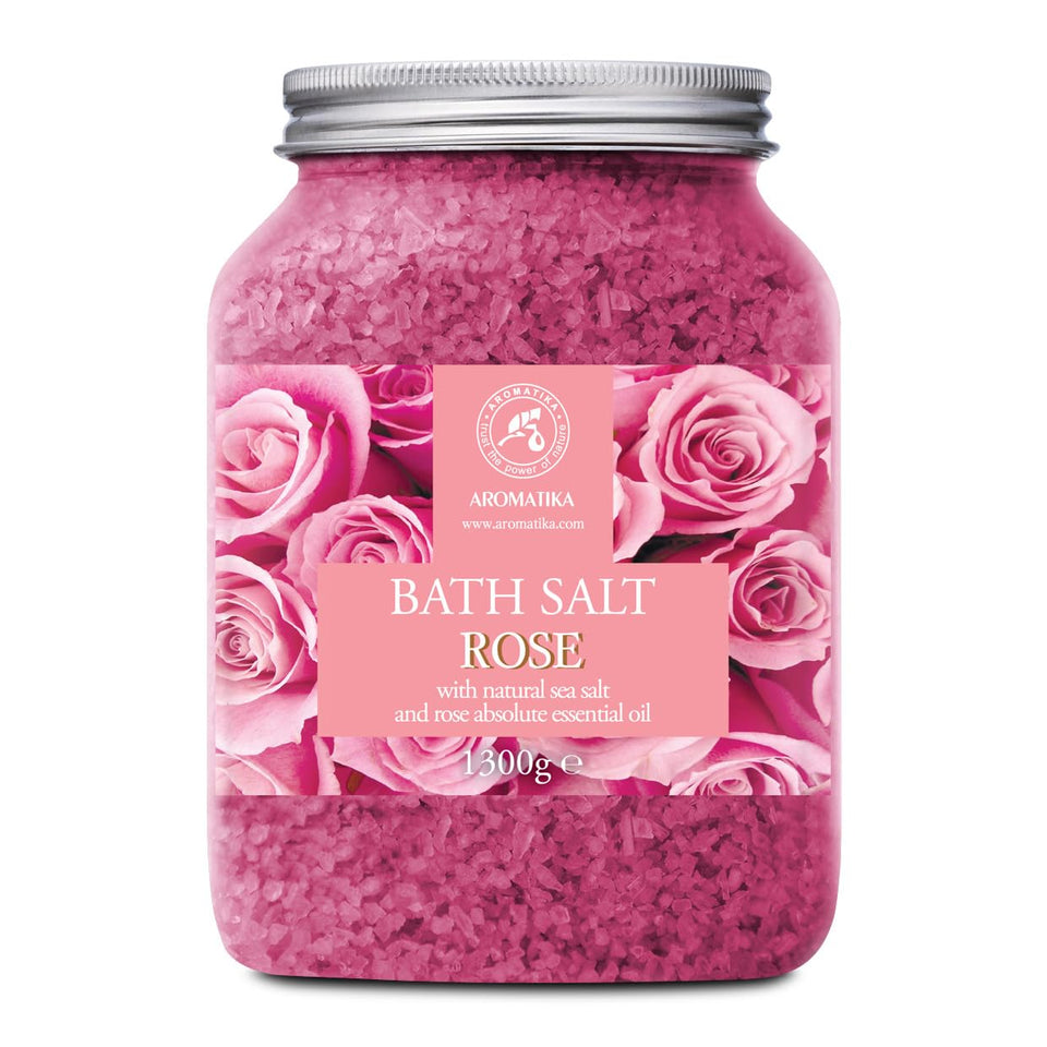 AROMATIKA jar front label showing rose bath salts and brand benefit of natural botanicals
