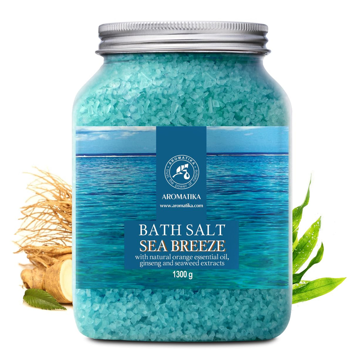 AROMATIKA open jar showing coarse sea salt texture and mineral grains for exfoliation