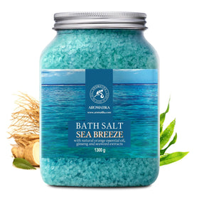 AROMATIKA open jar showing coarse sea salt texture and mineral grains for exfoliation