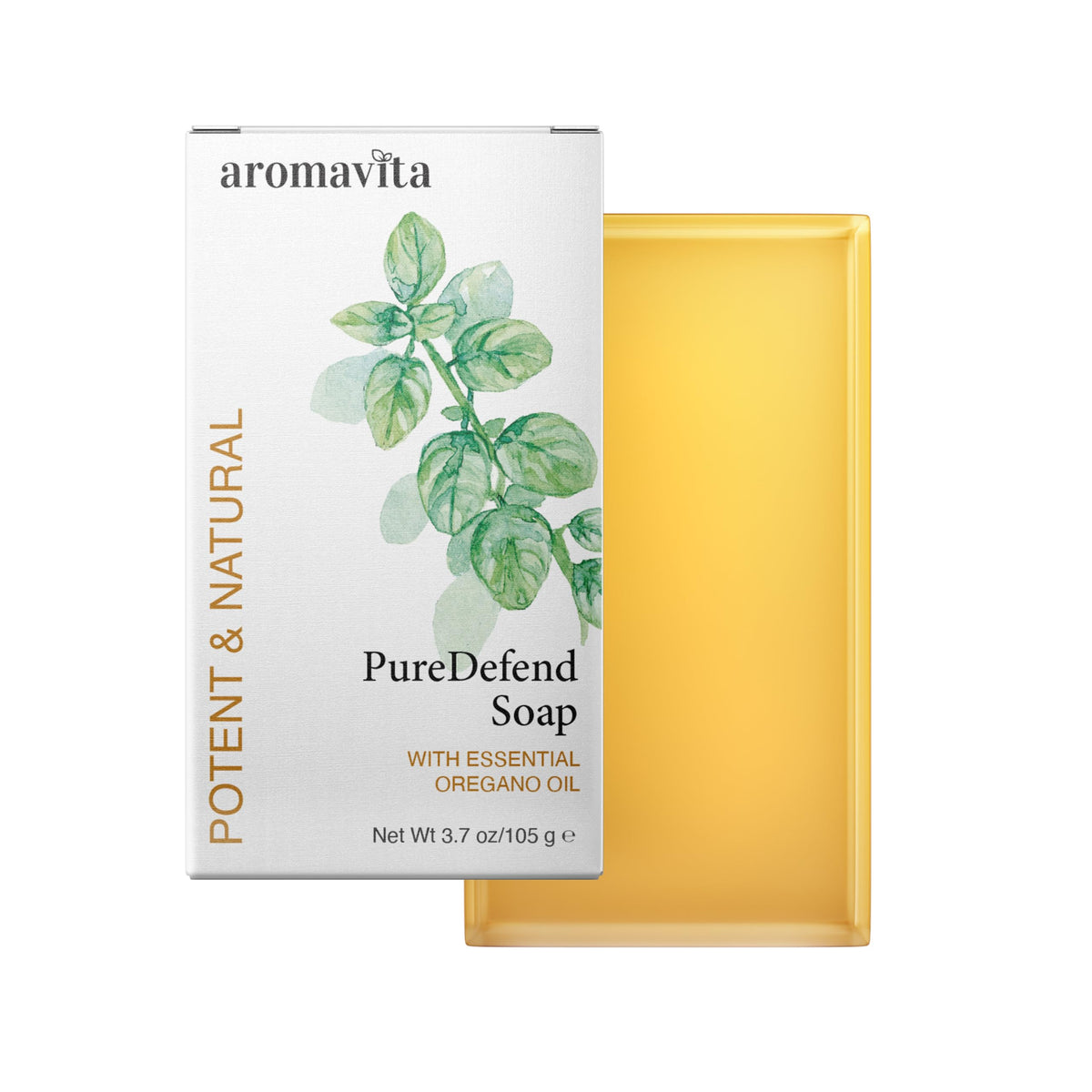 AROMAVITA front packaging of oregano oil soap, clear natural benefits
