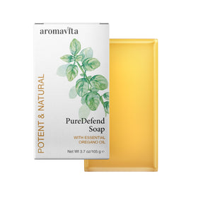 AROMAVITA front packaging of oregano oil soap, clear natural benefits