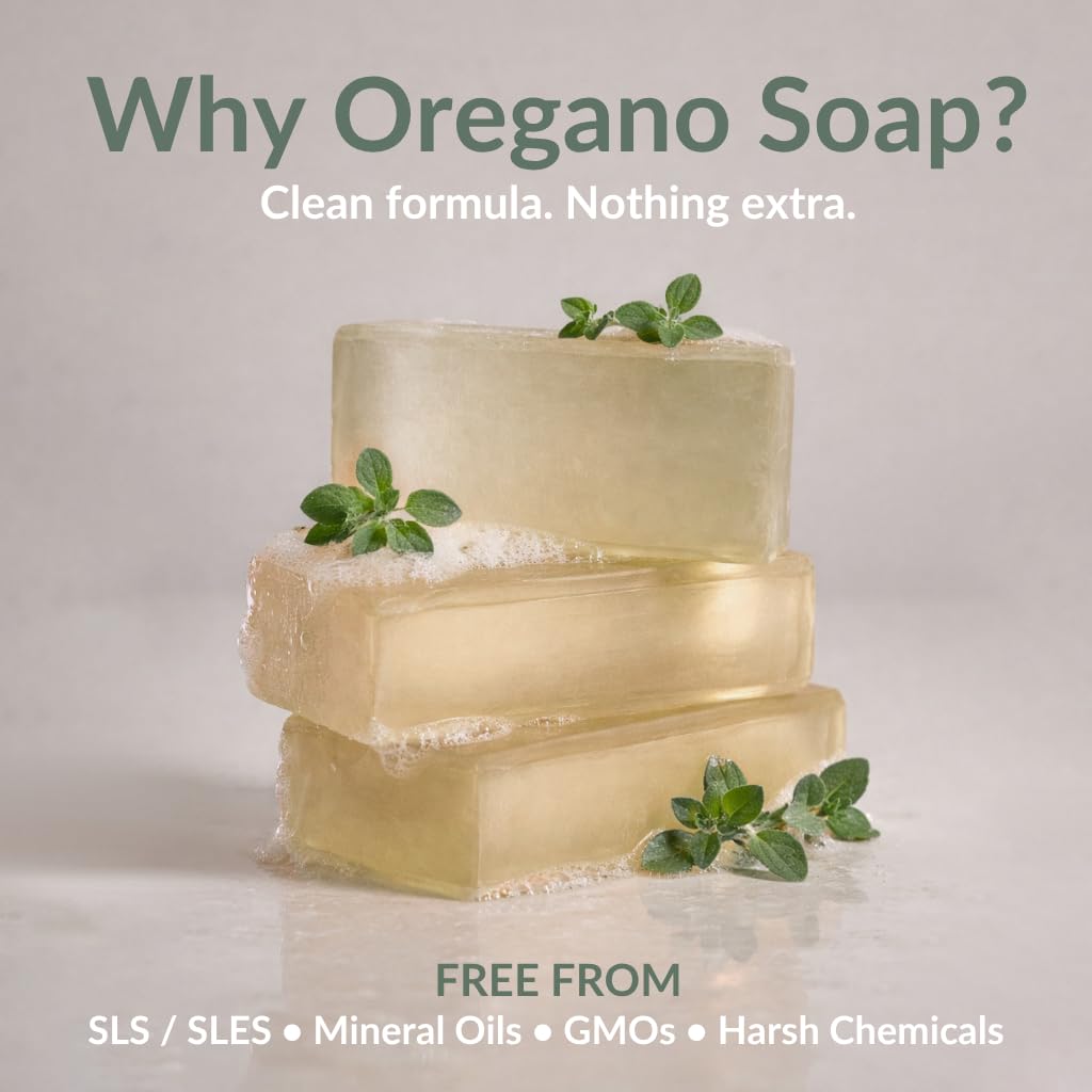 AROMAVITA soap beside oregano leaves, highlights botanical ingredient benefit