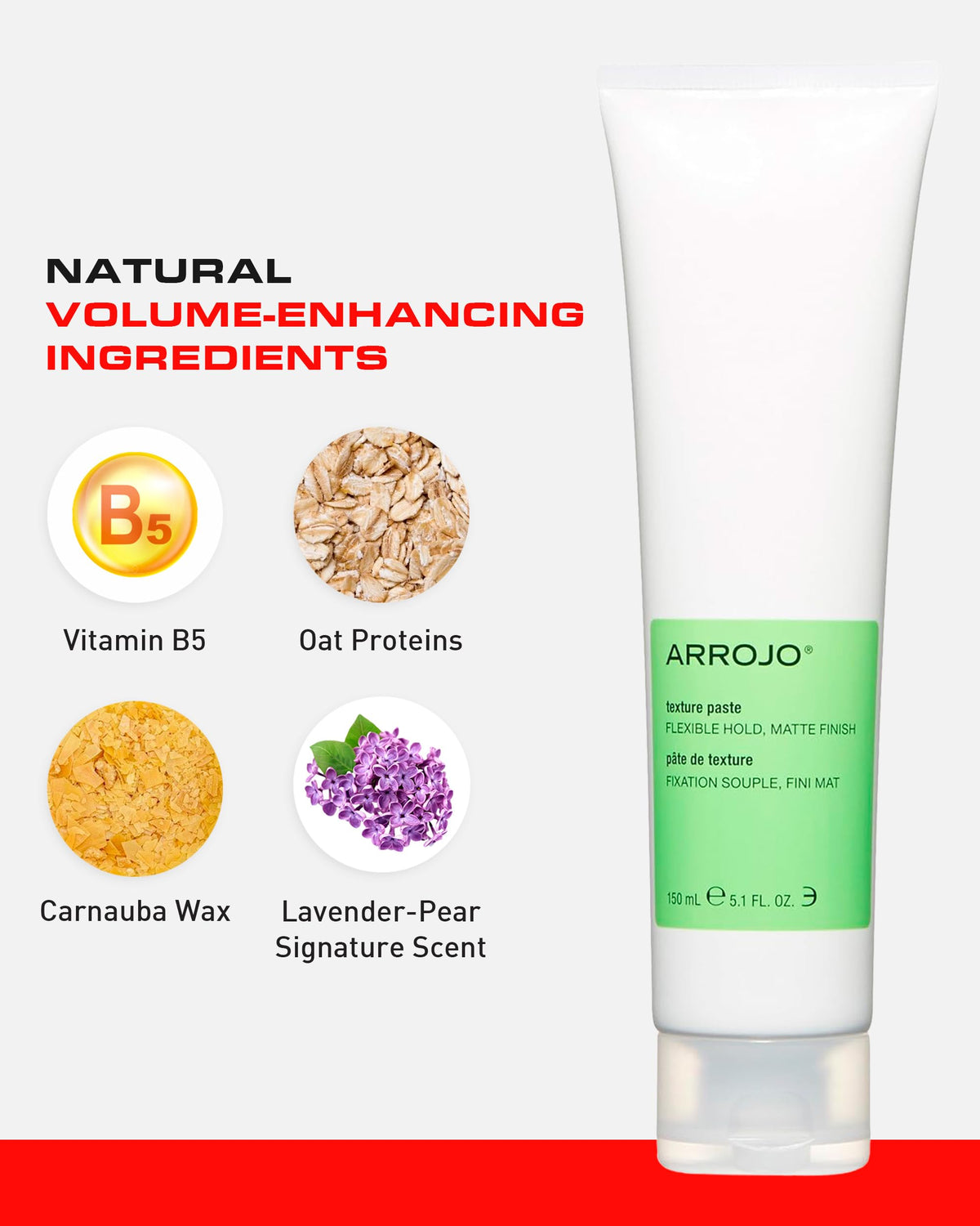 ARROJO ingredients display with oat proteins and vitamin B5 benefits