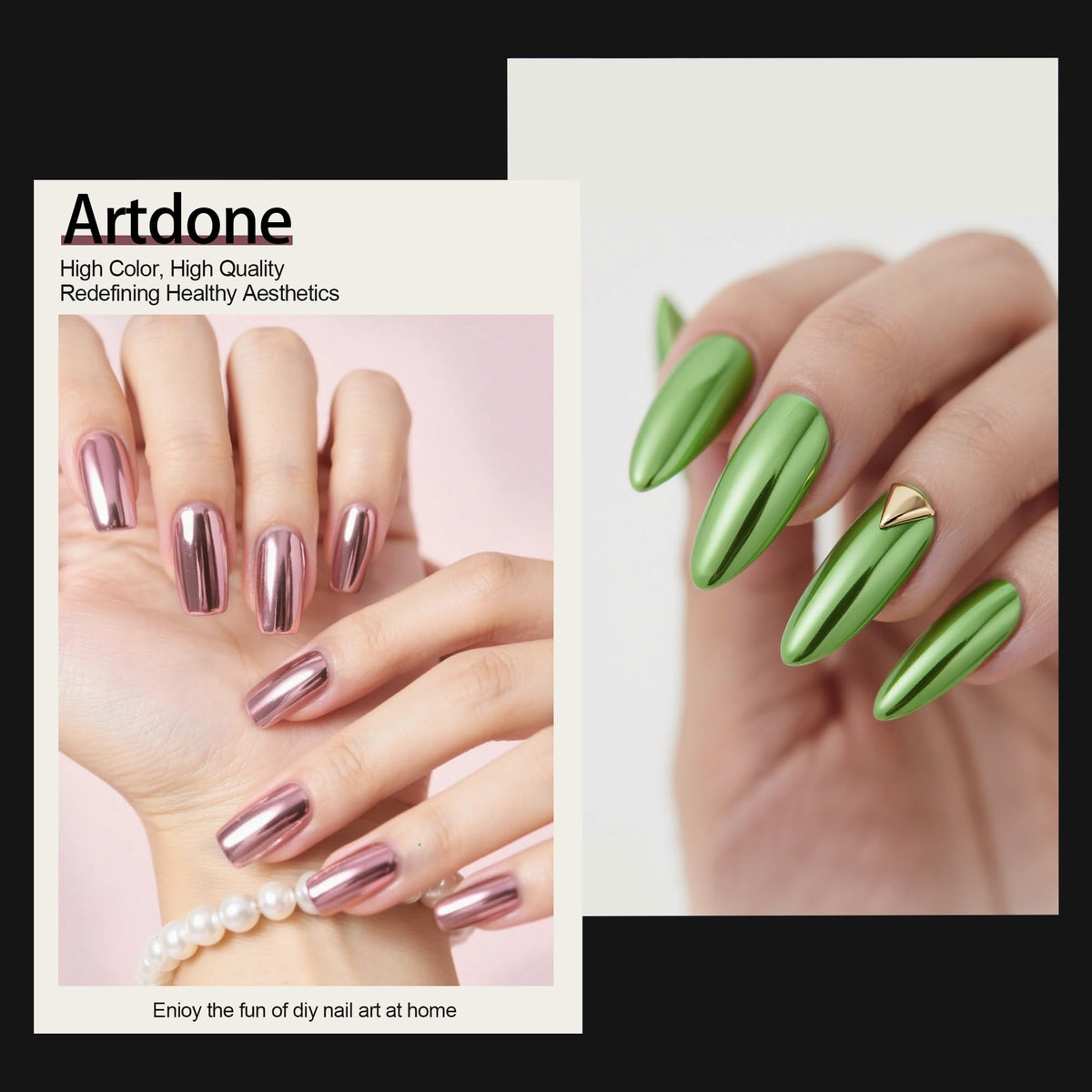 Artdone finished chrome manicure in lifestyle setting highlighting iridescent sparkle benefit