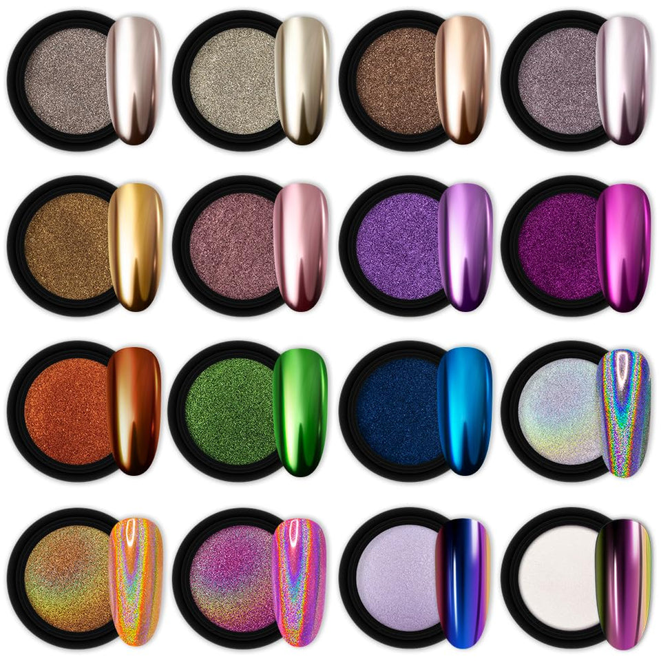 Artdone 16-jar chrome powder set front view showing varied pigments for versatile nail art