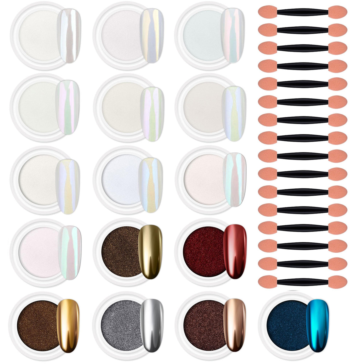 Artdone front packaging showing all 16 chrome nail powder jars and product benefits