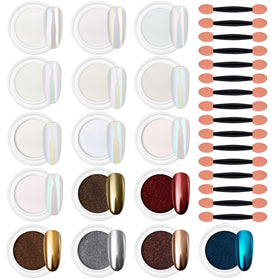 Artdone front packaging showing all 16 chrome nail powder jars and product benefits