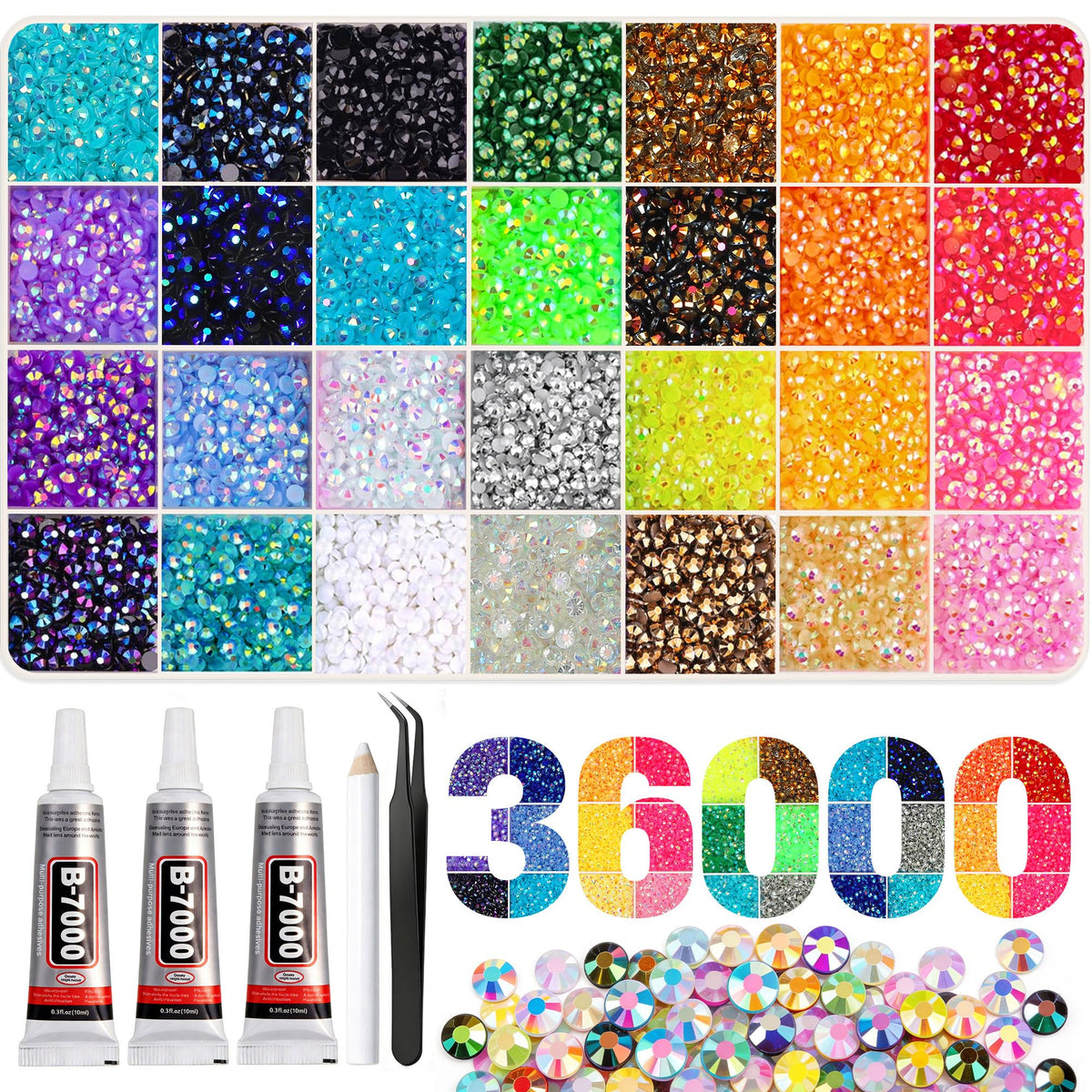 Artdone front packaging showing 28 color rhinestone assortment and included tools for convenience