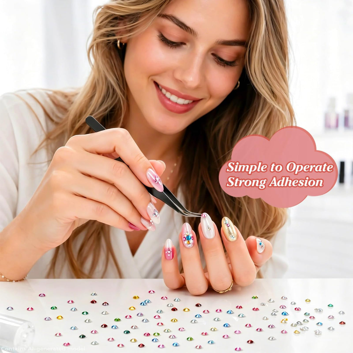 Artdone applied on nails demonstrating small rhinestones enhancing manicure detail