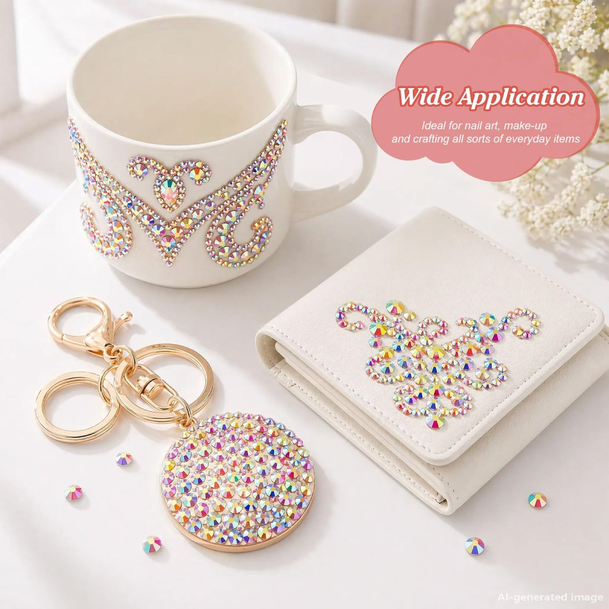 Artdone rhinestones on a handmade card in lifestyle scene showcasing craft-ready results