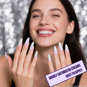 Artdone salon manicure in progress using powders and no-wipe top coat for glossy finish