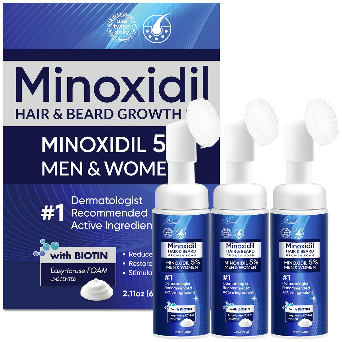 Artimore 5% Minoxidil foam front packaging showing clear product benefits