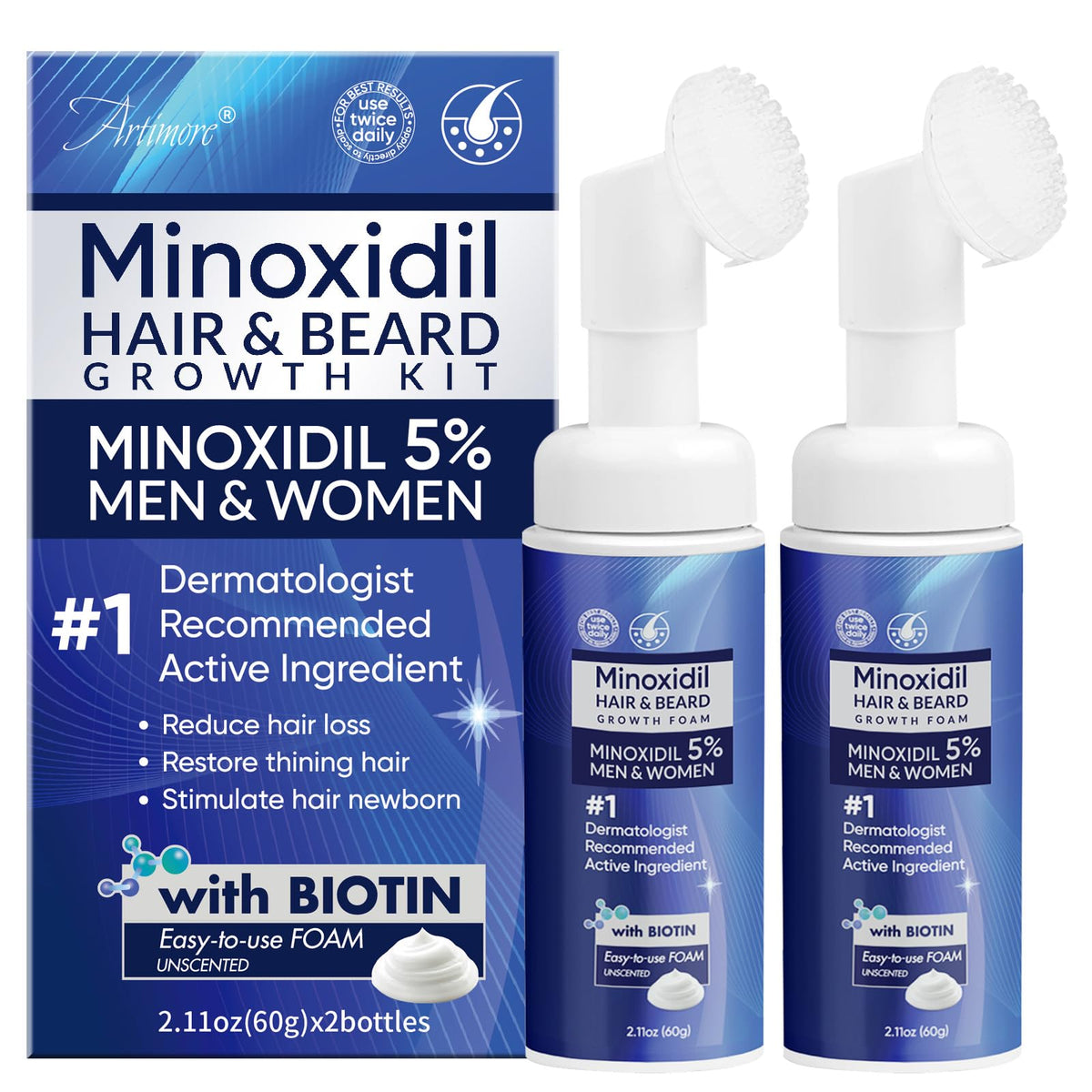 Artimore front packaging showing 5% minoxidil foam and clear labeling for easy identification