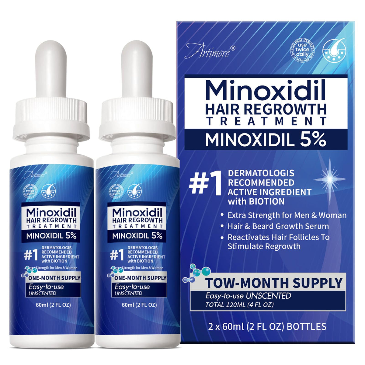 Artimore front label showing 5% minoxidil strength and bottle benefit