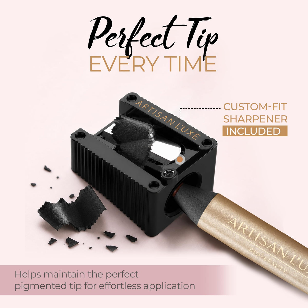 Eyelid application of Artisan L'uxe creating a smoky-eye look with quick finish benefit