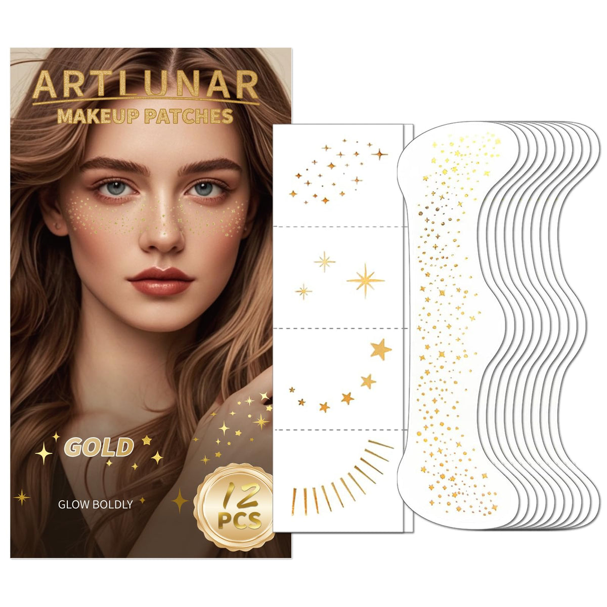 Artlunar packaging front view showing gold glitter patches for easy selection