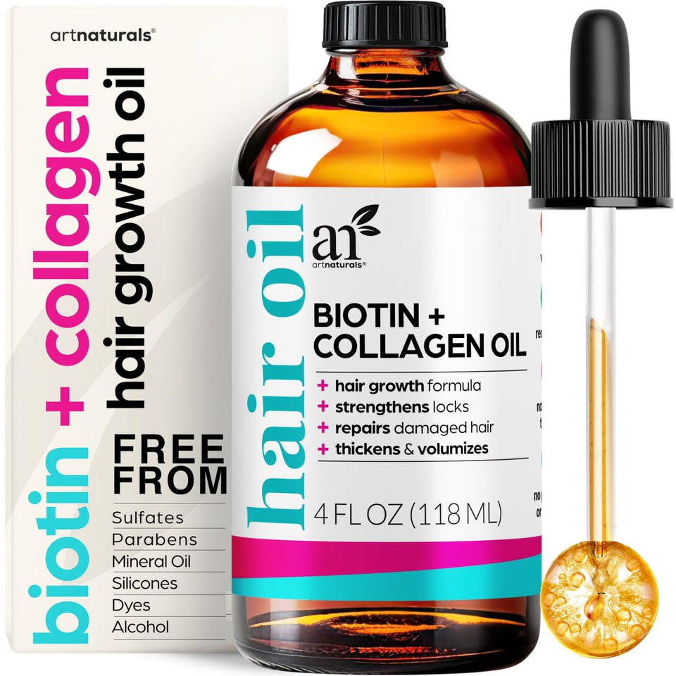 Artnaturals front packaging of biotin collagen hair oil showing bottle and cap, highlights product clarity and brand