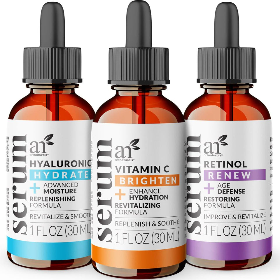 Artnaturals front packaging of the three-serum anti-aging set showing gift-ready box and bottles