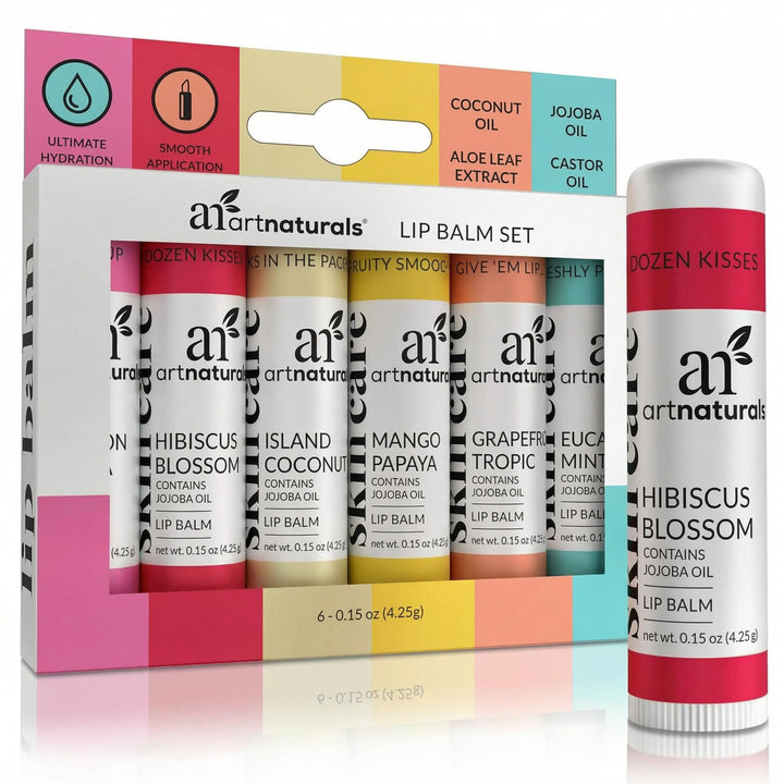 ArtNaturals front packaging showing six lip balm tins and brand logo for easy gifting