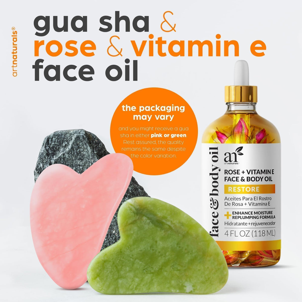 ArtNaturals gua sha tools on marble highlighting shapes for facial massage and de-puffing